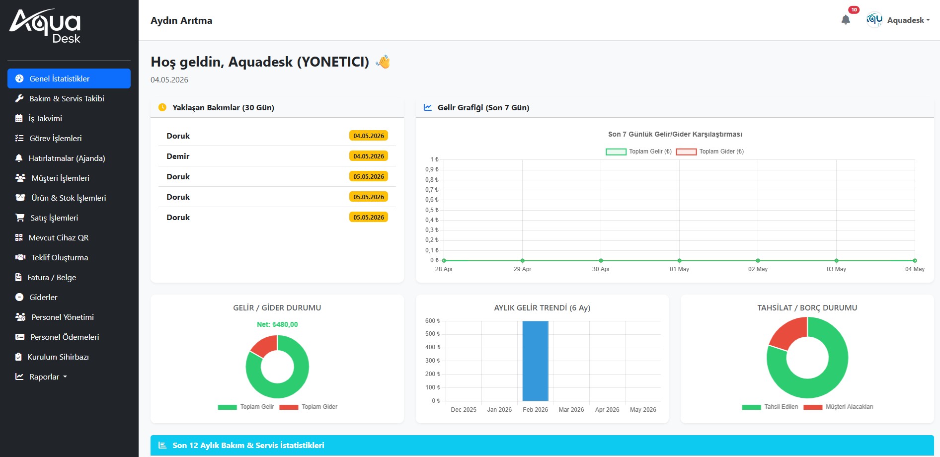 AquaDesk Arıtma ve Servis Takip Yazılımı